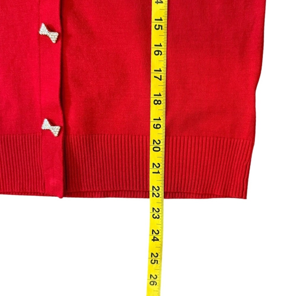Cable & Gauge Womens Red Cardigan Rhinestone Bow Button 3/4 Sleeve Sweater Small - Picture 7 of 9